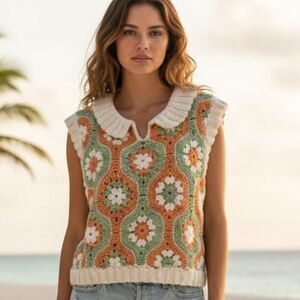 Hand Crafted Crochet Floral Crop Top in Green, Orange, and Cream Size Large